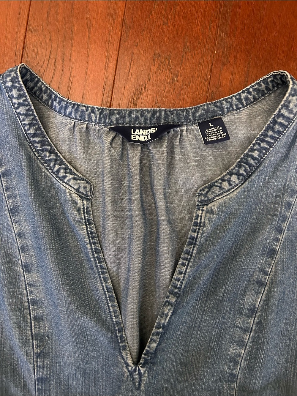Lands' End Lyocel Tiered Midi Dress Sleeveless Denim Blue Size L Vneck pockets - Picture 9 of 10